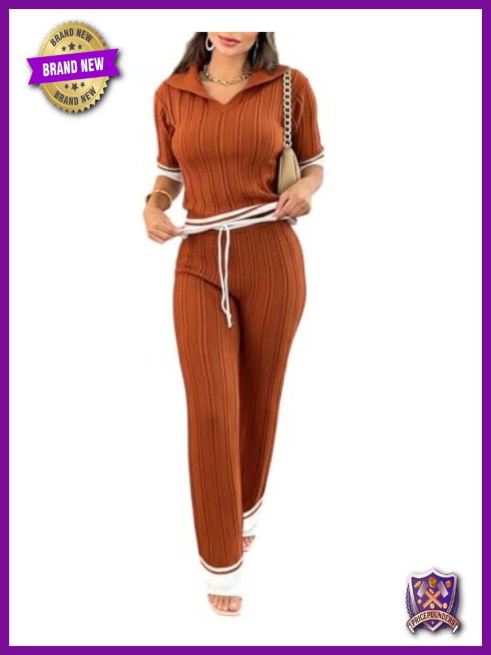 CHICME Two Piece Ribbed Knit Lounge Set V Neck Short Sleeve Wide Leg Pants